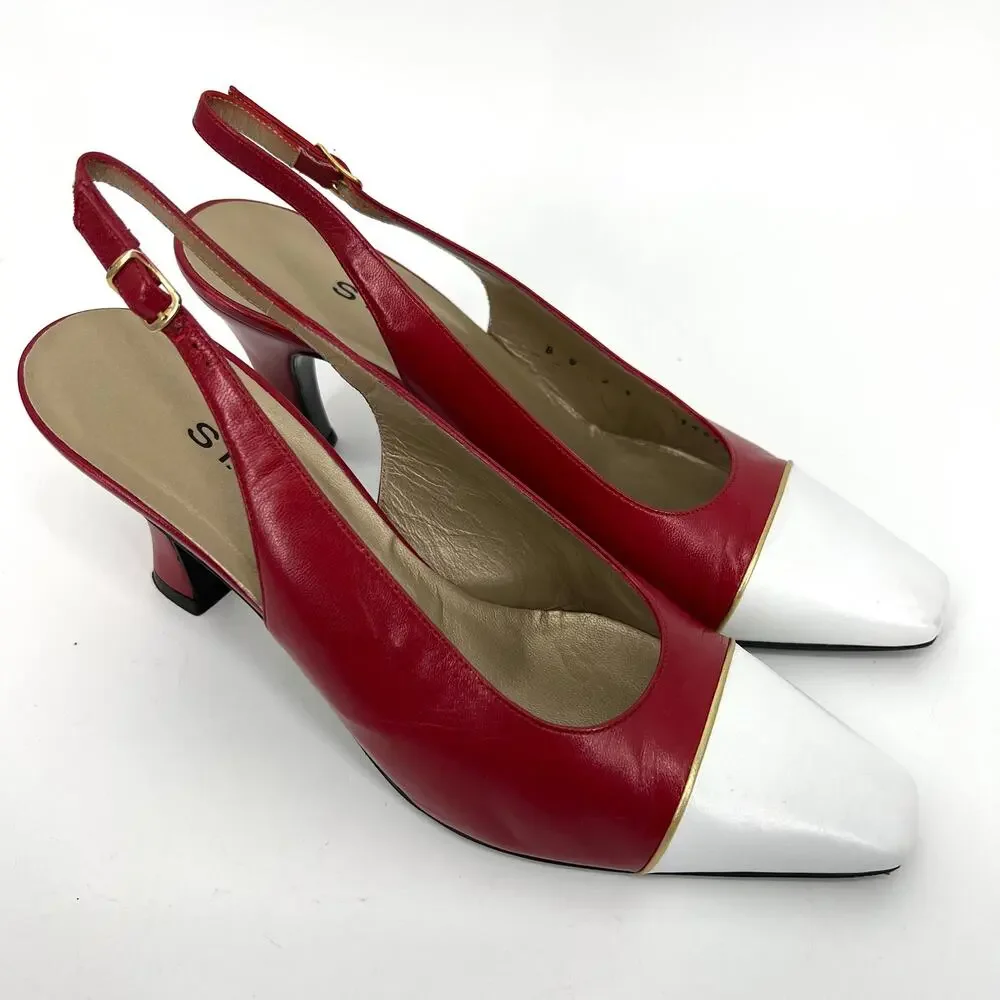 St. John Italy Red White Leather Slingback Heels Shoes Size 8 with Box dust bag